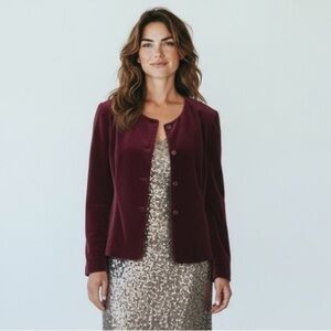 Preston & York Silk Luxe Velvet in Burgybdy Button Front Cardi Jacket  Size 14